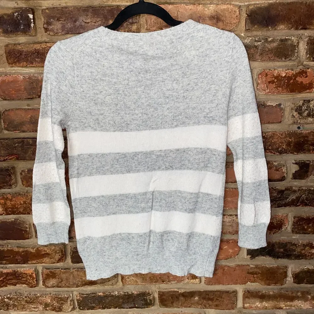J. Crew Gray White Sparkle Stripe Merino Wool Pullover Sweater Women's Size XXS